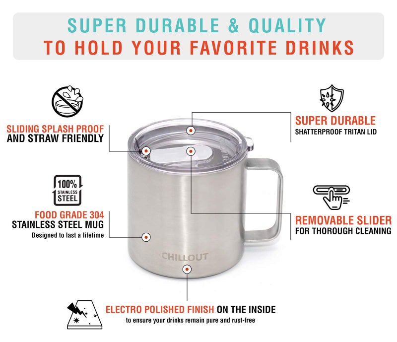 CHILLOUT LIFE Stainless Steel Vacuum Insulated Coffee Mug 16 oz (Set of 2) with Handle and Lid, Large Thermal Camping Coffee Mugs with Sliding Lid for Men & Women, Keeps Your Beverages Hot & Cold - Image 3